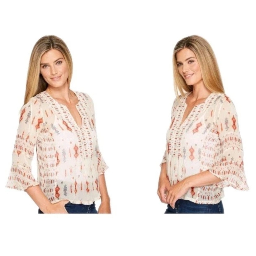 Lucky Brand Aztec Tribal Natural Sheer Blouse Large V-Neck Coastal Cowgirl Nwt